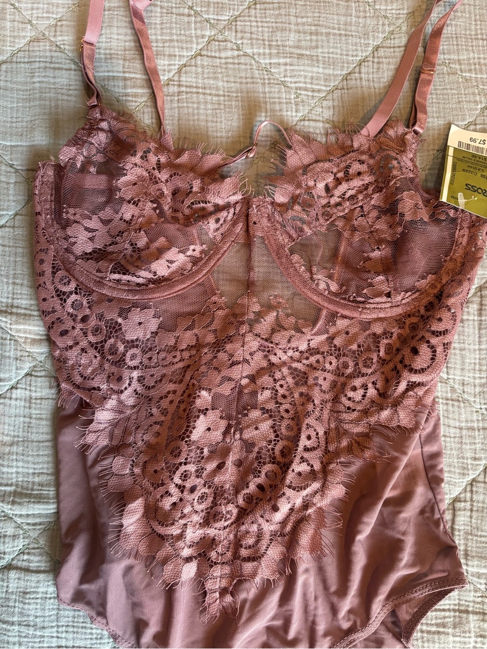 Lace Trim Satin Bodysuit — Rose Taupe